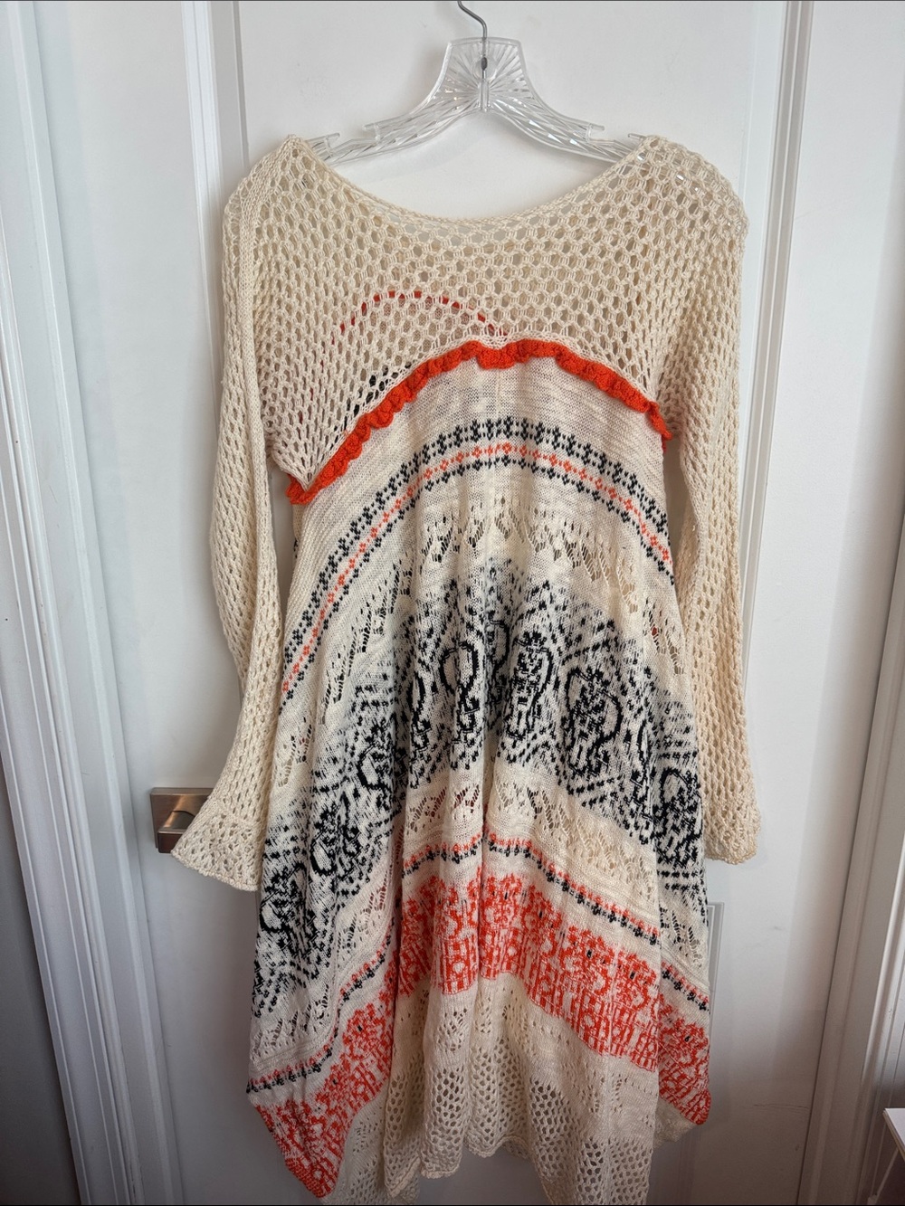Cream Crochet Long-Sleeve Dress with Coral and Black Patterning